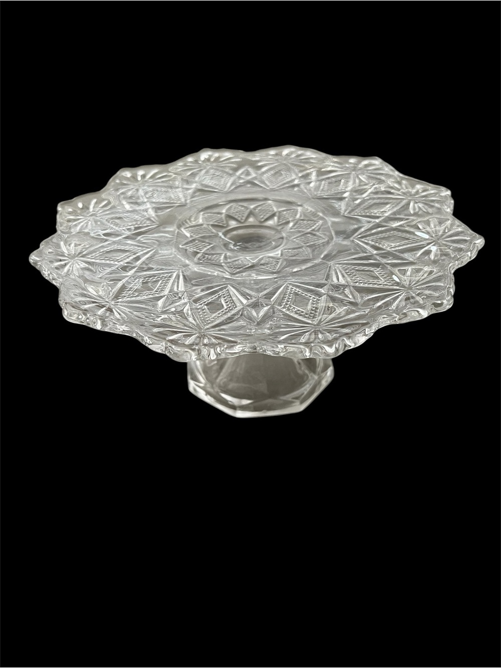 Vintage Shoshone US Glass 9” Clear Pressed Glass Cake Plate Pedestal Stand 1896